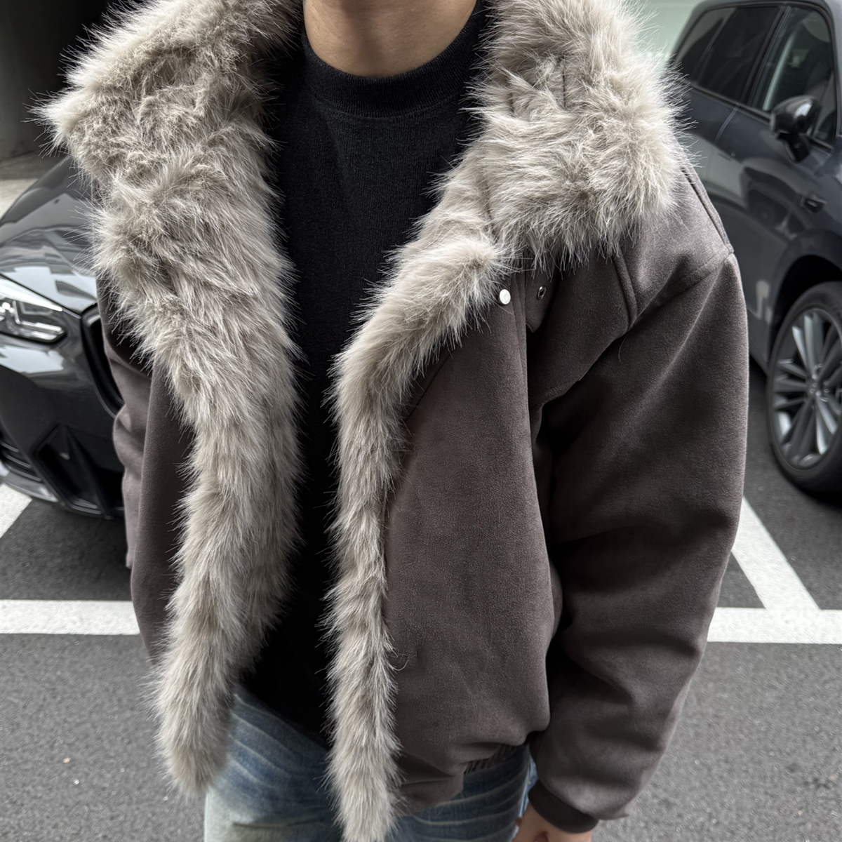 05PSYT美式复古做旧麂皮绒座山雕加绒加厚棉服男女宽松毛领外套潮