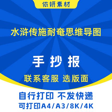水浒传施耐奄思维导图手抄报初中小学生电子小报模板黑白线稿打印