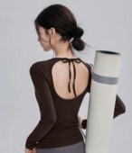 洋白菜美背瑜伽服女带胸垫健身上衣运动长袖 T恤新 普拉提训练修身