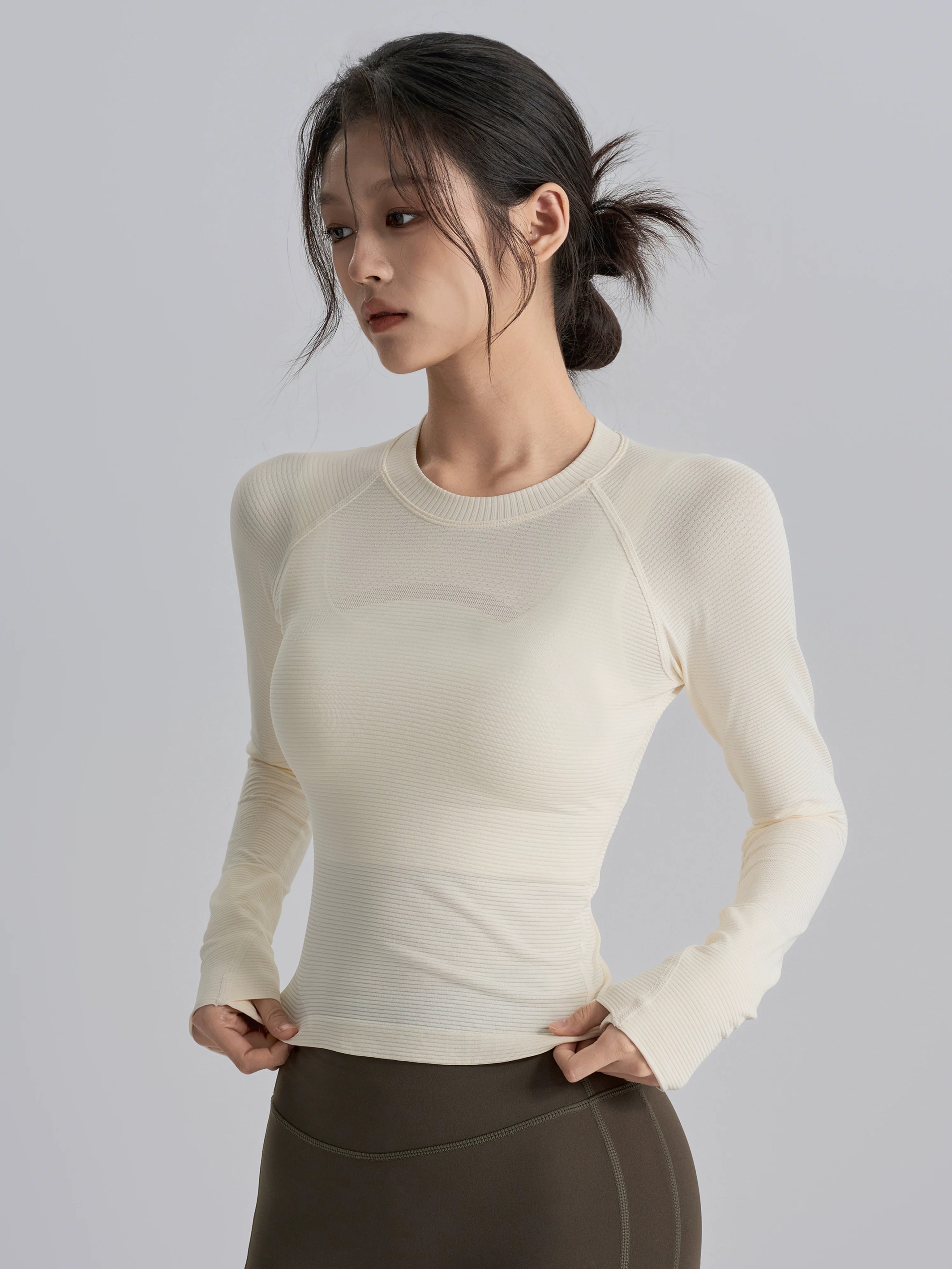 洋白菜紧身显瘦瑜伽服圆领透气弹力普拉提上衣跑步运动长袖打底