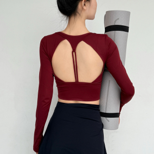 镂空美背固定胸垫瑜伽服长袖女高级感紧身运动上衣显瘦弹力健身服