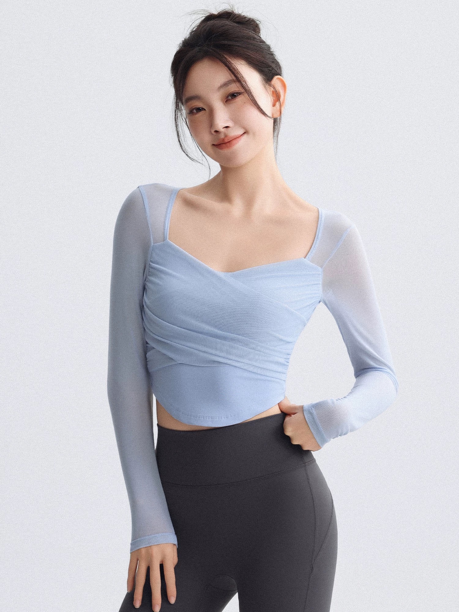 绝美露背瑜伽服女网纱带胸垫健身长袖运动服上衣美背性感修身显瘦