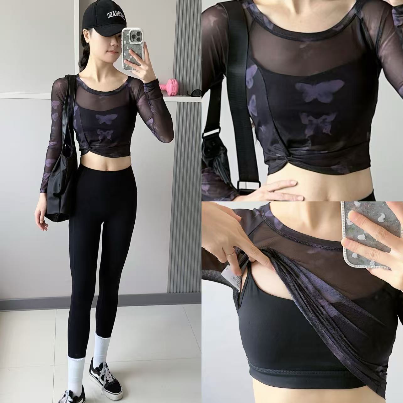 花蝴蝶假两件瑜伽服带胸垫运动长袖网纱速干显瘦跑步训练健身上衣