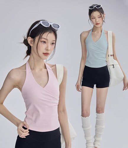 挂脖瑜伽服背心带胸垫普拉提训练T恤跑步运动上衣美背健身吊带夏