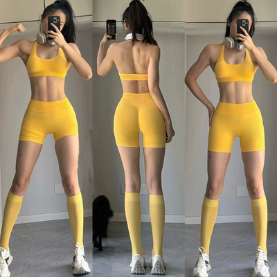 祖国版DF挂脖美背运动背心欧美网红翘臀短裤训练蜜桃裤健身套装女