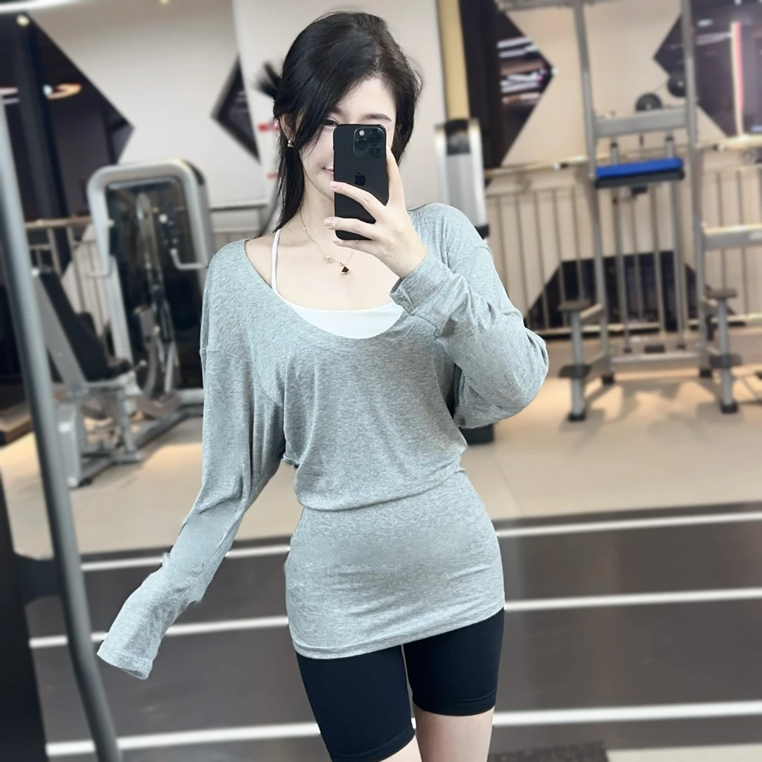 遮臀慵懒风长袖瑜伽服女性感大u领健身上衣宽松普拉提瑜伽服罩衫