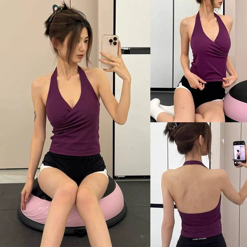 新品挂脖运动背心女外穿露背健身带胸垫无袖普拉提训练瑜伽服上衣