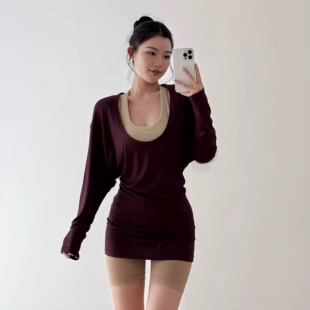 时尚大U领遮臀长袖T恤运动健身瑜伽宽松外穿收腰修身显瘦上衣女新