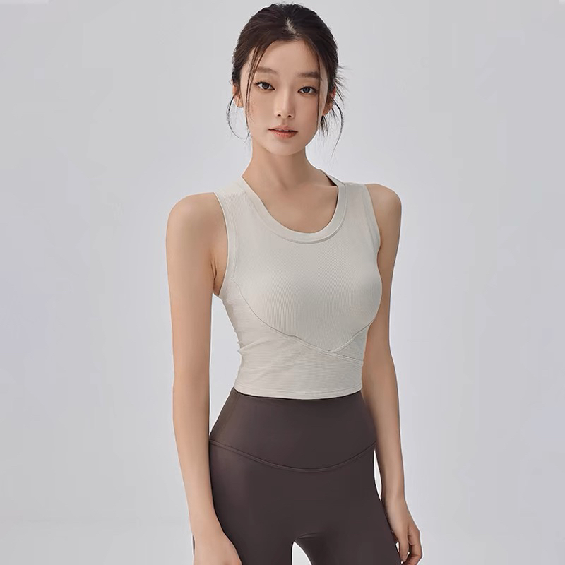 运动内衣一体式固定胸垫女款瑜伽服背心紧身显瘦健身文胸工字美背