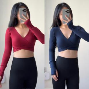 欧美性感健身长袖女蓝色美背绑带短款运动上衣普拉提瑜伽服套装秋