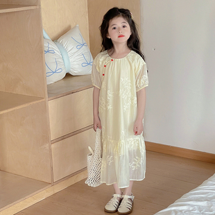 现货 2025新款 女童天丝连衣裙童装 精致刺绣白色长裙 夏季 新中式