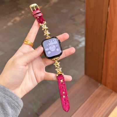 新年款星星金属拼毛绒皮质表带