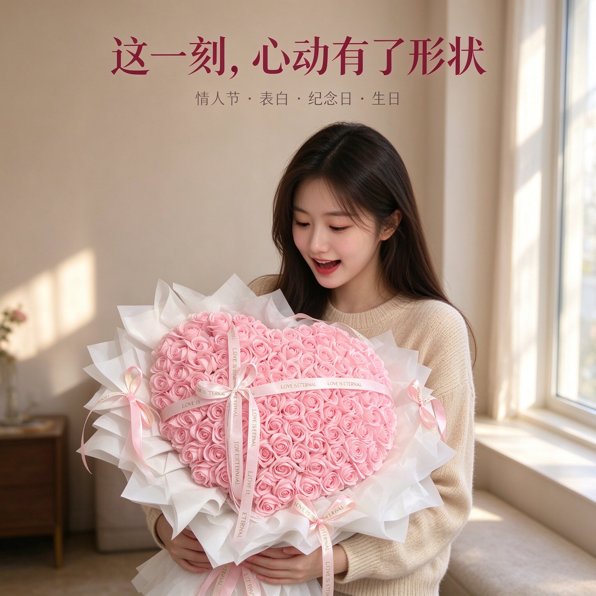 99朵粉玫瑰爱心生日花束表白