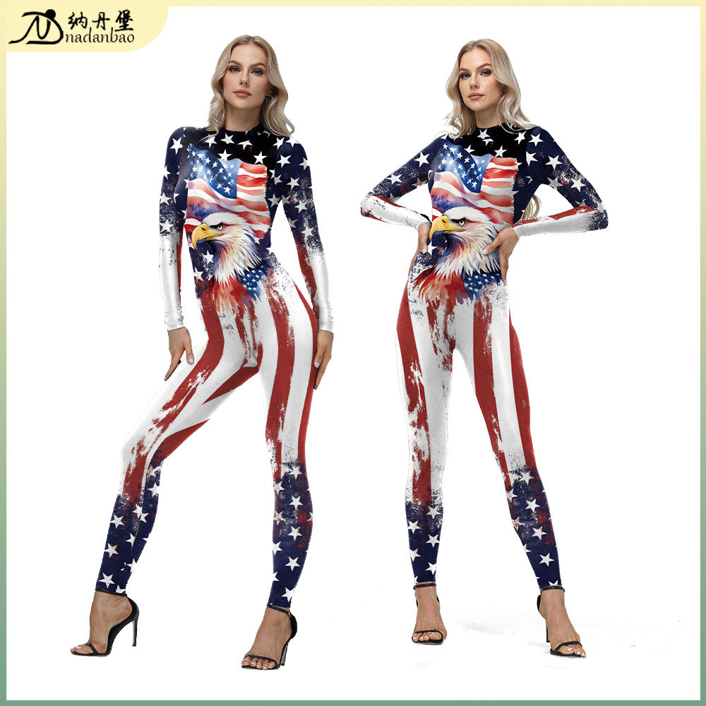 美国国旗白头鹰印花紧身连体衣女独立日派对cos表演服长袖连体裤