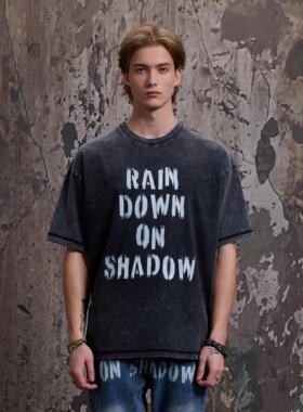 RAIN DOWN ON SHADOW 做旧黑色喷漆印花重磅drill潮牌T恤美式短袖