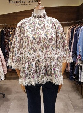 春款~岛屿家~紫色薰衣草浪漫蕾丝花边复古百褶花苞领雪纺衬衫