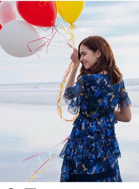 亏本回馈~韩国O2ND奥蔻湛蓝色大海印花不规则裙摆飘逸雪纺连衣裙