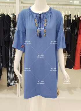 夏季韩单COMPAGNA民族万针刺绣弧线开叉裙摆喇叭袖小个子连衣裙