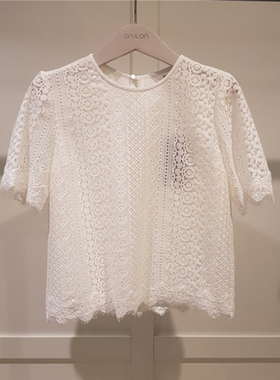 韩国onon安乃安 水溶睫毛蕾丝绣花纯色圆领衬衫蕾丝衫短款加小码