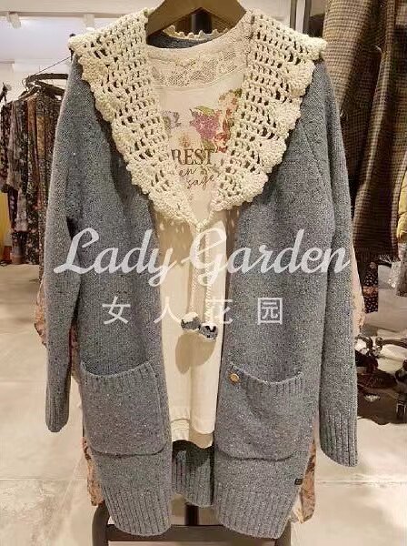 亏本回馈~岛屿家~法式手工绣花森女球球领雾霾蓝花纱开衫毛衣外套