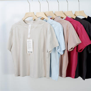 瑜伽运动短袖 健身女士t恤圆领高弹速干透气上衣 锦纶罗纹宽松夏季