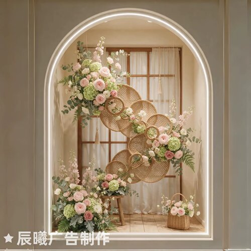 新中式竹编圆盘仿真花艺美陈引流