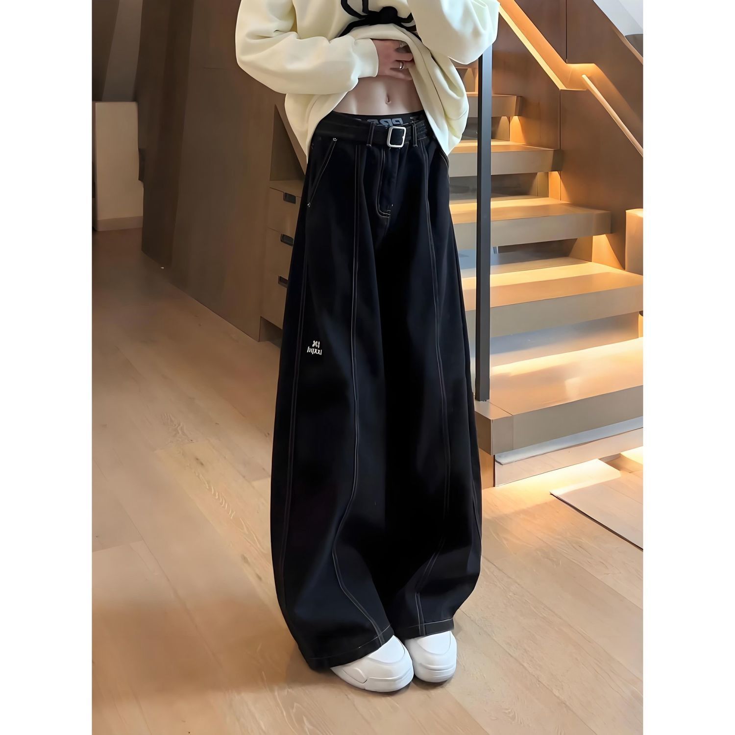 北疆狼美式黑色直筒牛仔裤