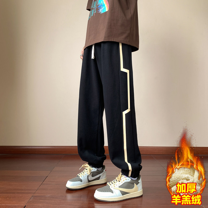 直筒加绒束脚卫裤男宽松黑色休闲裤加厚羊羔绒运动裤冬季保暖裤子