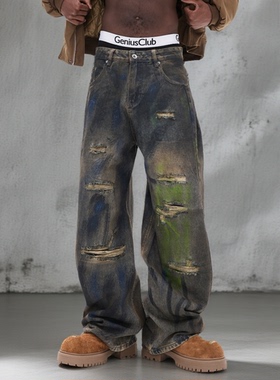 2025新款潮牌休闲宽松直筒蓝绿色水洗涂鸦j假破洞牛仔裤弯刀裤男
