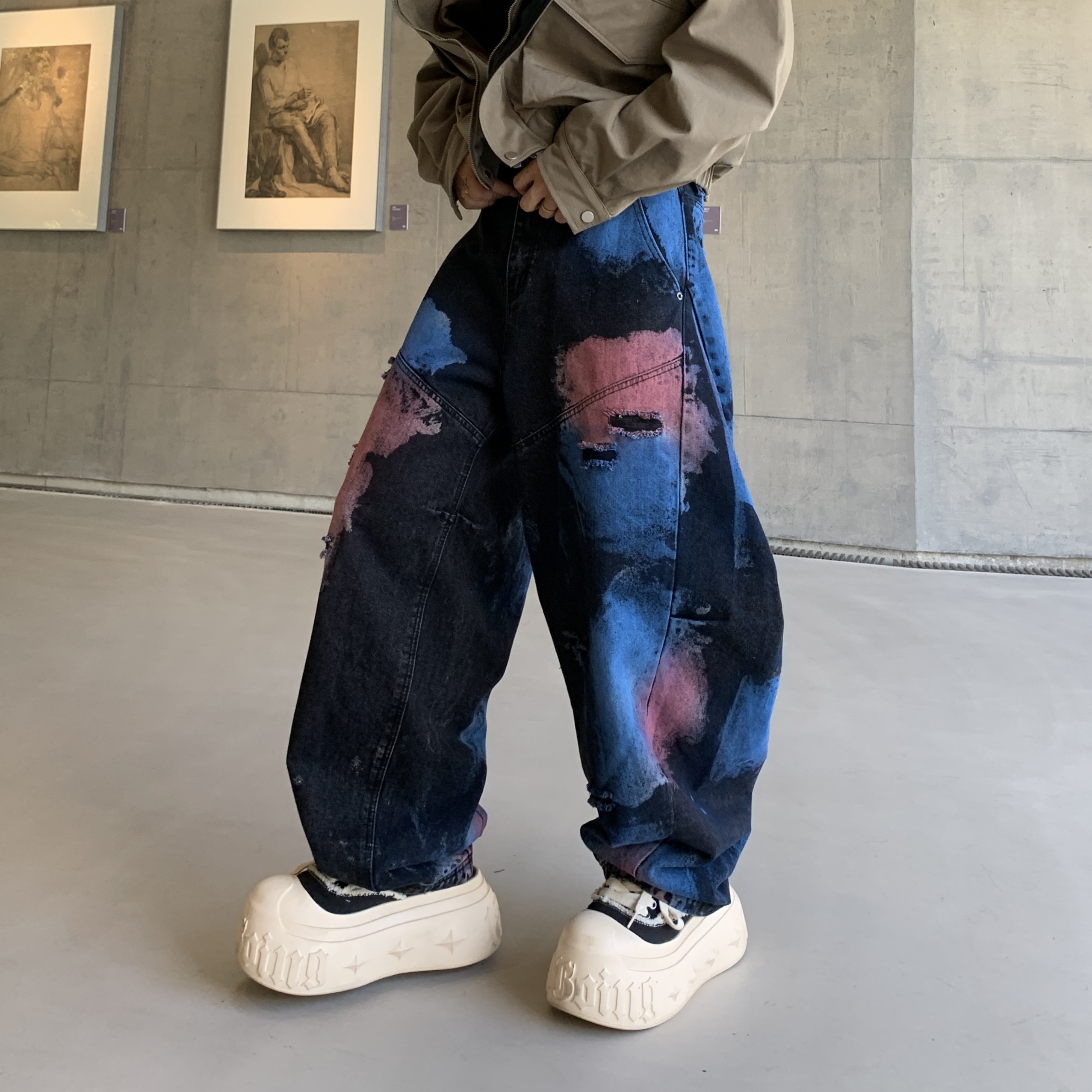 新款潮牌宽松直筒黑色水洗牛仔裤弯刀裤