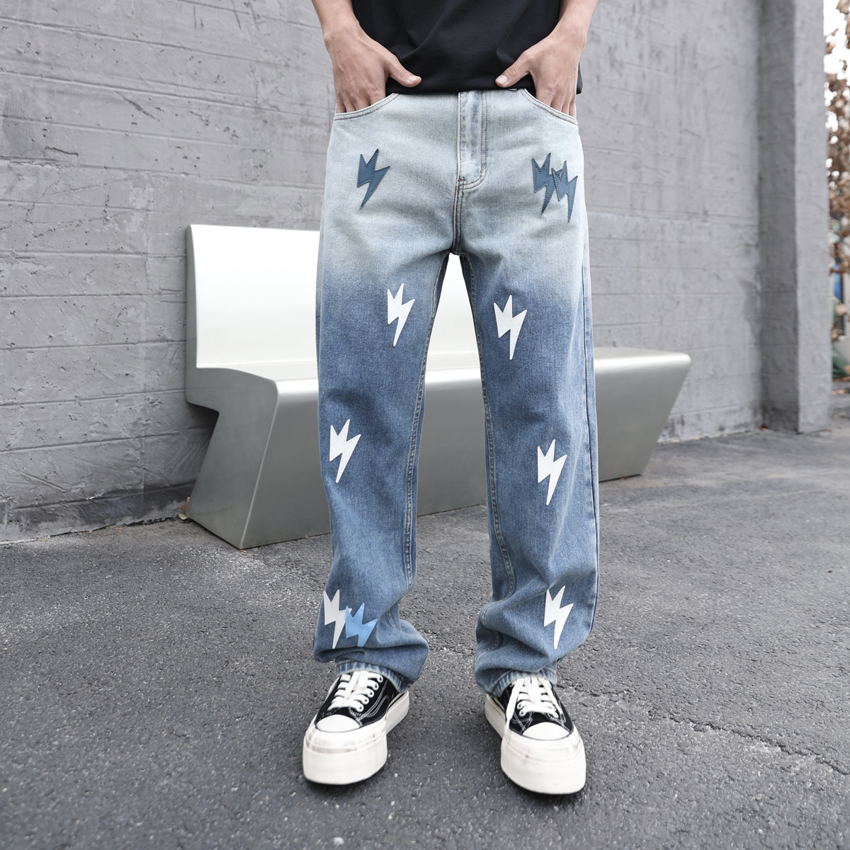 新款潮牌渐变色宽松直筒蓝色水洗牛仔裤