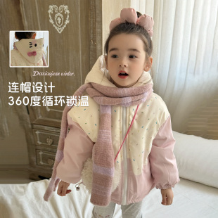 大小卷女童拼色连帽棉服外套秋冬2026新款宝宝冬装儿童加厚棉衣
