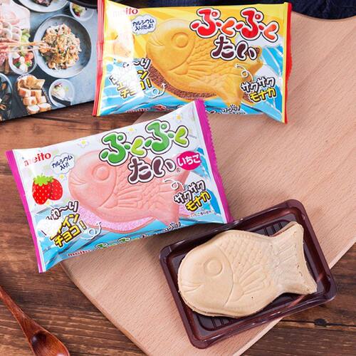 日本进口meito名糖鱼形鲷鱼烧儿童巧克力草莓夹心饼干零食