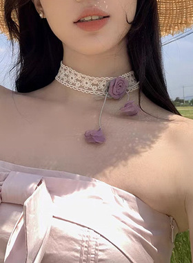 夏季仙女风Choker小众设计高级感锁骨链手工花朵玫瑰花瓣蕾丝项链