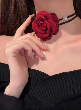 安可拉红玫瑰花项链女配饰山茶花系带项圈颈链Choker珍珠锁骨链