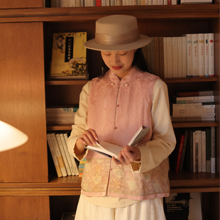 【凤衔春】慢慢变蓝原创丝麻提花马甲新中式立领对襟马甲