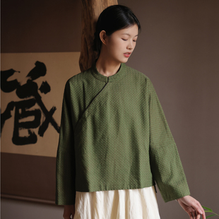 斜襟小衫 春暗纹提花香云纱中式 上衣草绿 春苔 寻春系列之