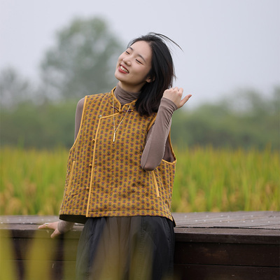 慢慢变蓝原创中式斜襟棉马甲