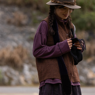 慢慢变蓝原创 荼 复古拼色马海毛混纺马夹秋冬百搭马甲