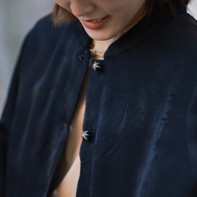 慢慢变蓝原创 暗纹提花丝中式立领外套对襟短款棉衣棉服