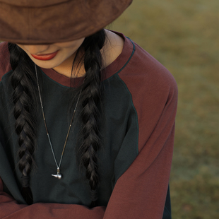 慢慢变蓝原创 荼  春秋纯棉复古拼色上衣T恤 宽松长袖打底插肩袖