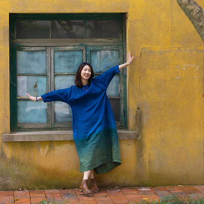 慢慢变蓝原创汉麻植物染连衣裙