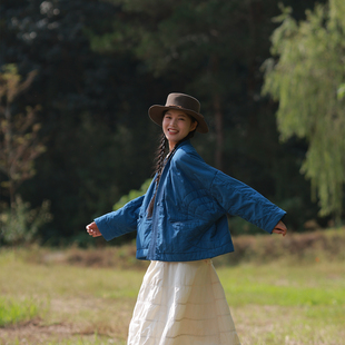 慢慢变蓝原创 小众宽松保暖棉衣V领对襟短款棉服新中式秋冬外套