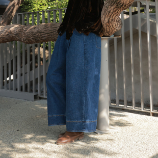 深蓝 休闲显瘦百搭阔腿裤 慢慢变蓝原创 春秋高克重纯棉斜纹牛仔裤