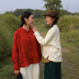 慢慢变蓝原创 秋季暗纹提花丝新中式外套 国风女士复古上衣