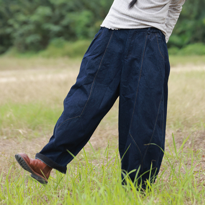慢慢变蓝原创 秋冬文艺复古休闲阔腿牛仔裤100棉老爹裤女士