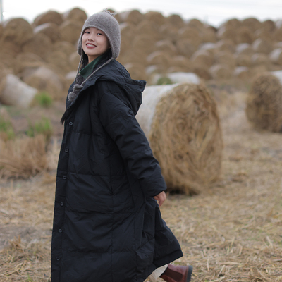 慢慢变蓝原创 荼冬季加厚长款廓形羽绒服黑色连帽保暖95白鸭绒