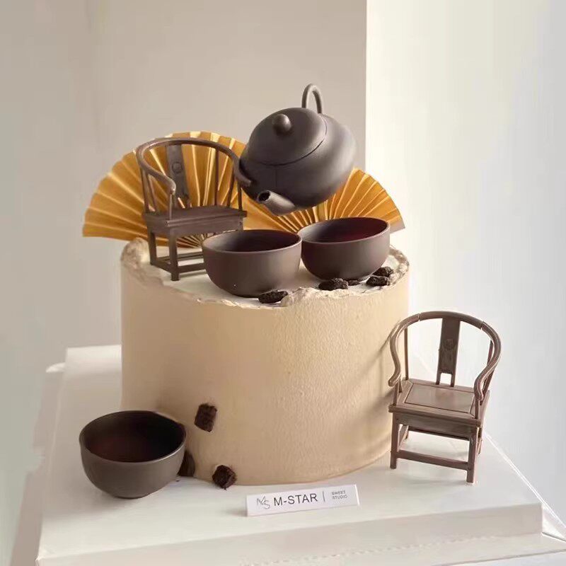 茶壶蛋糕装饰摆件茶具茶杯太师椅中国风父亲爷爷祝寿生日烘焙插件