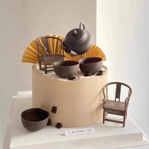 茶壶蛋糕装饰摆件茶具茶杯太师椅中国风父亲爷爷祝寿生日烘焙插件
