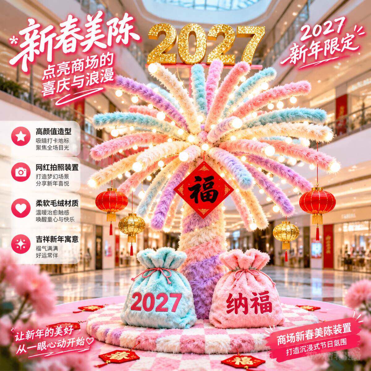 2027羊年毛绒烟花造型新年美陈DP点装置商场中庭春节落地打卡摆件